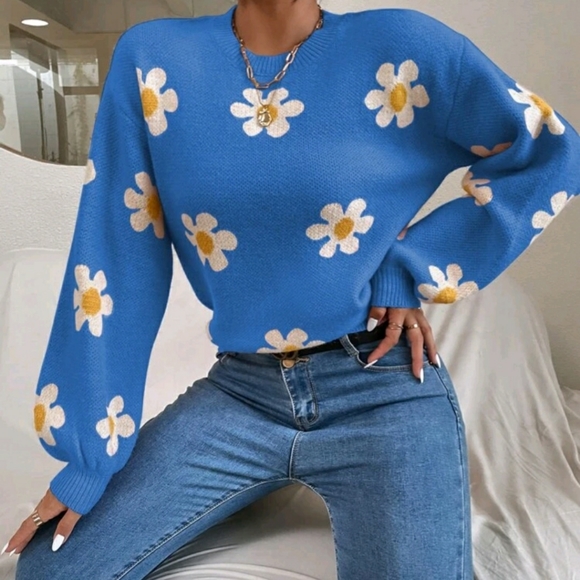 Floral Pattern Drop Shoulder Sweater Blouse - Picture 6 of 7